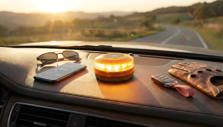 Se muestra la guantera de un coche, donde se ve una baliza V16 siendo activada para alertar del incidente acontecido gracias al IoT