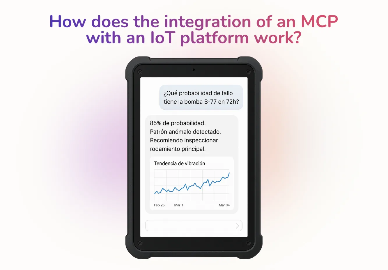 Interfaz de chat de una plataforma IoT con MCP mostrando un diagnóstico de mantenimiento predictivo.