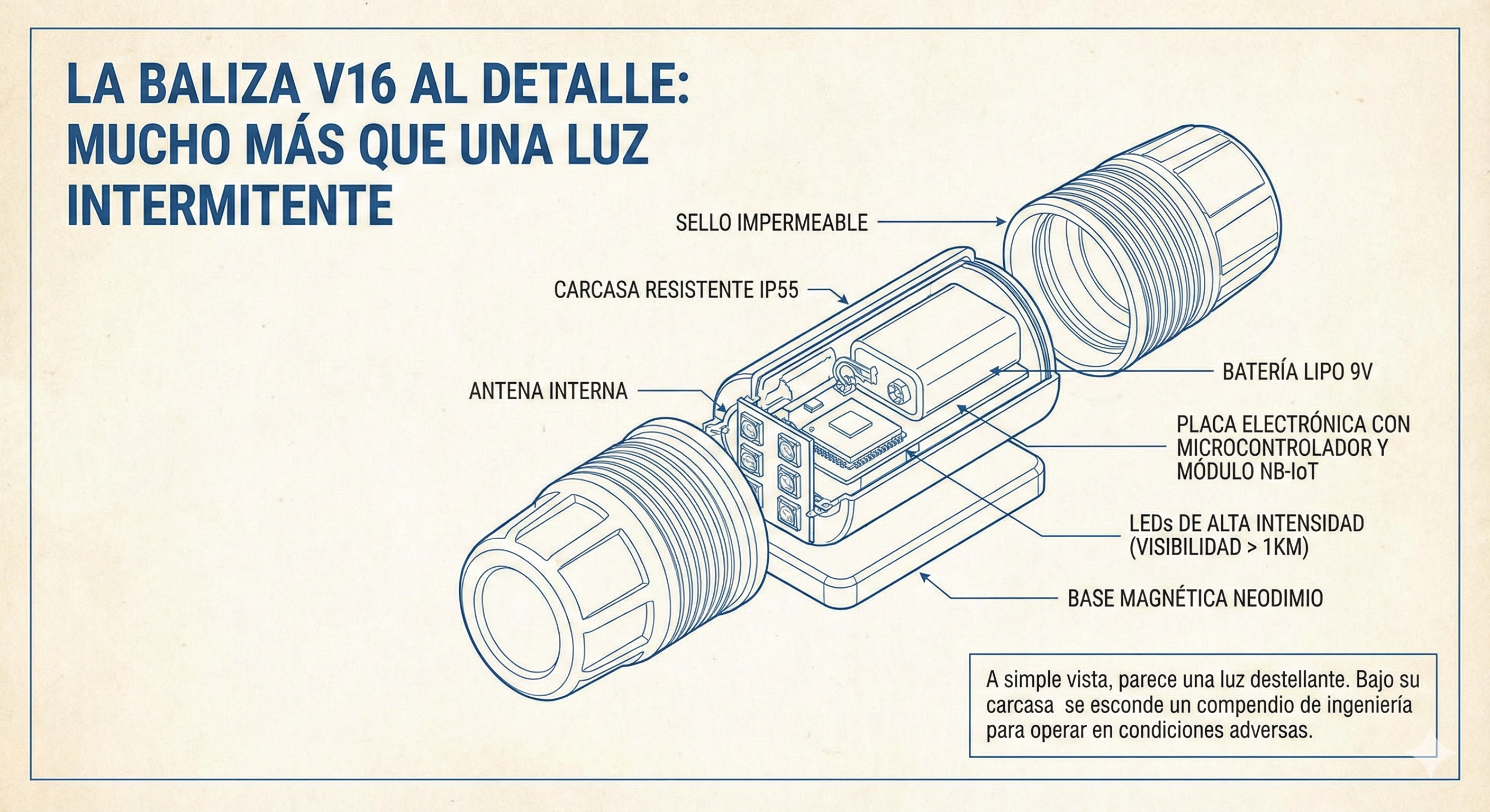 La imagen muestra cómo se ve conceptualmnete o cómo ser vería una Baliza V16