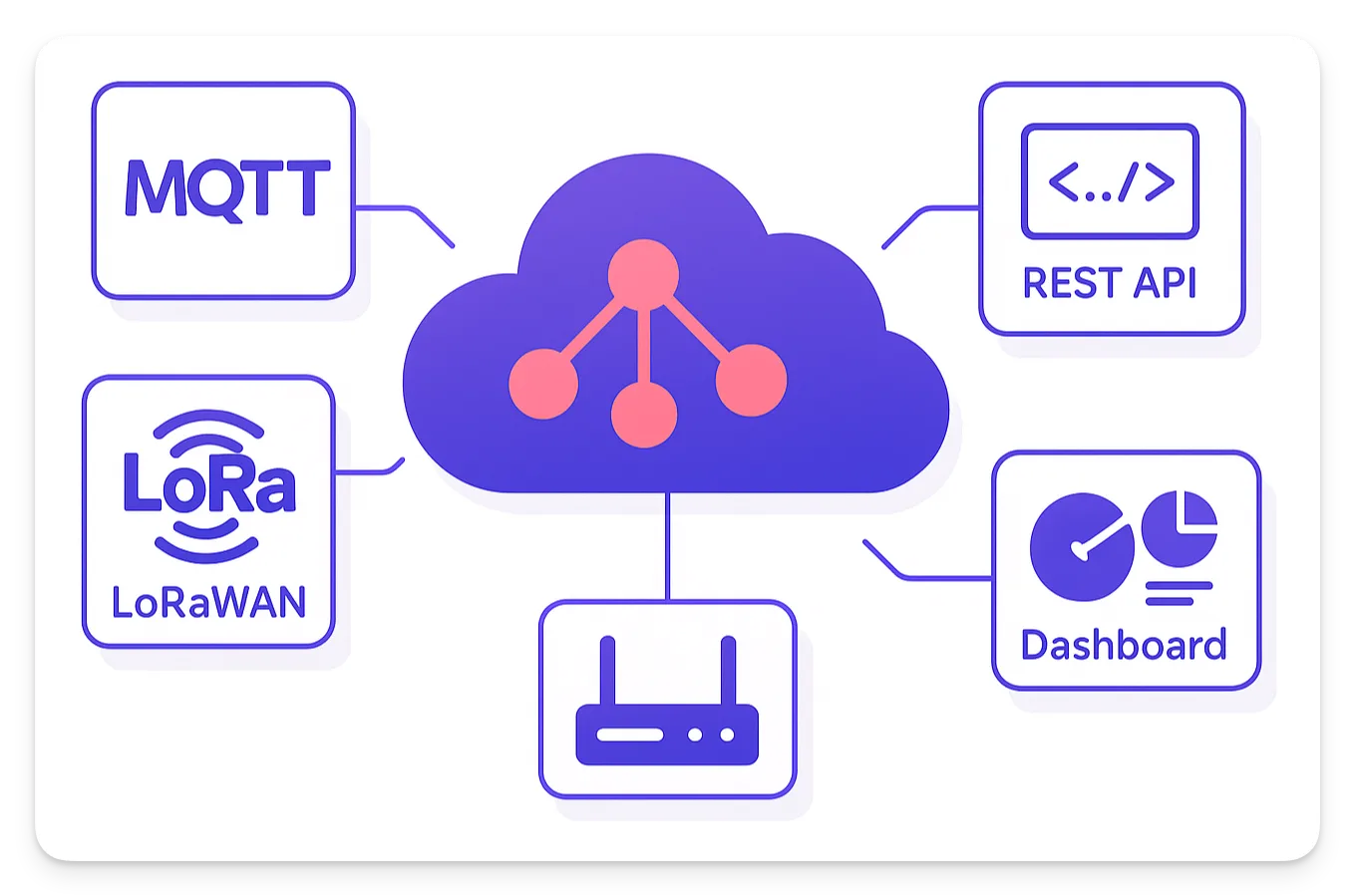 The image shows the typical architecture of a diagram that uses an IoT platform as a logical base.