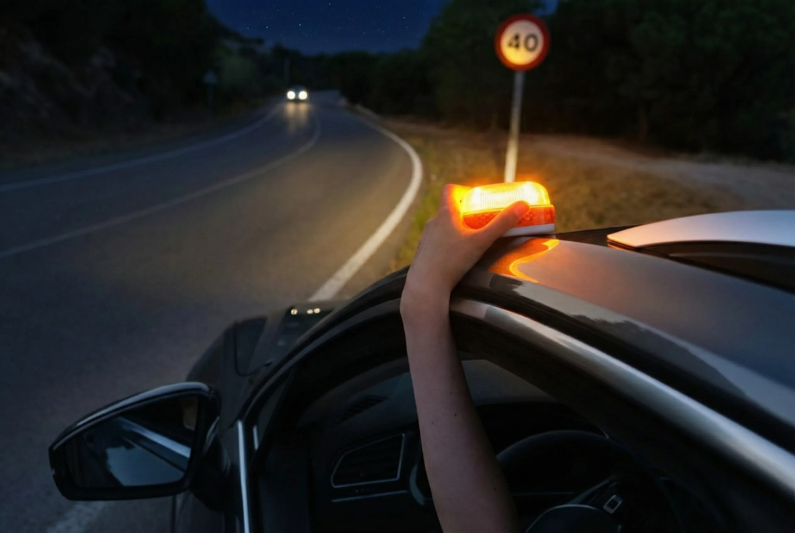 Se muestra una Baliza V16 siendo activada de noche y poniendo la baliza encima del coche gracias a los imanes del dispositivo IoT